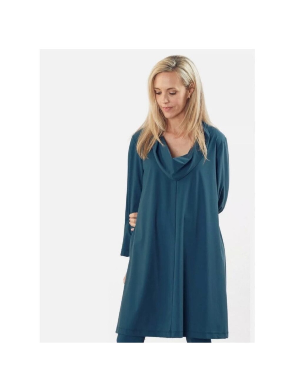 Bryn Walker Tunic Women Size S Draped Cowl Neck Dress Teal Green Boho Lagenlook